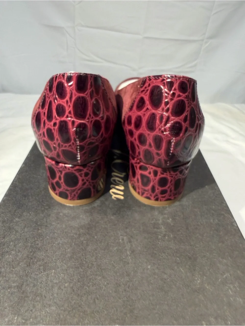 J. Crew Classic Women's Suede Pumps w Stamped Croc Heel. 8Wmn. Vintage Cabernet